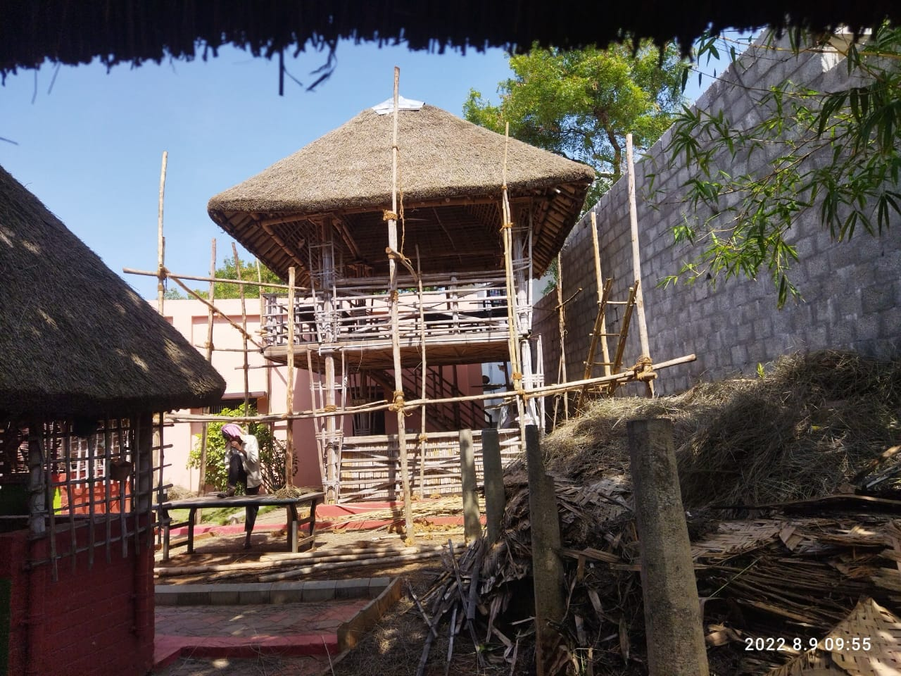 Farmhouse building with a thatched roof and mud walls